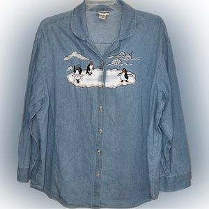 💥Bill Blass Woman Button Front Penguin Ice Skating Denim Embroidery 1X
